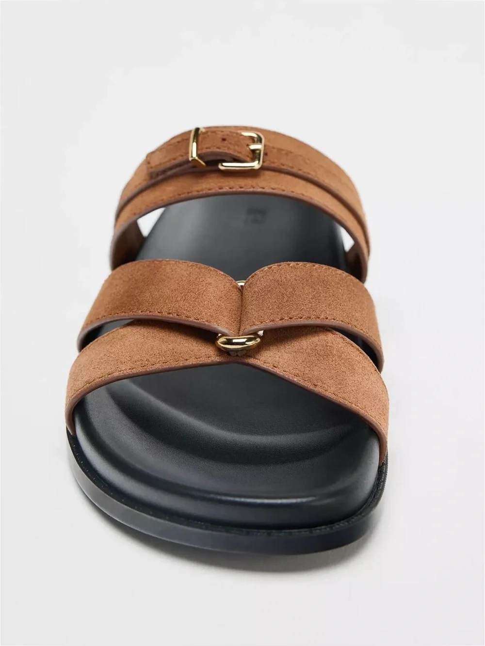 Zara Sandals Women US 7.5 Brown Leather Buckle Slide Flat Minimalist Strappy NWT - Picture 2 of 11